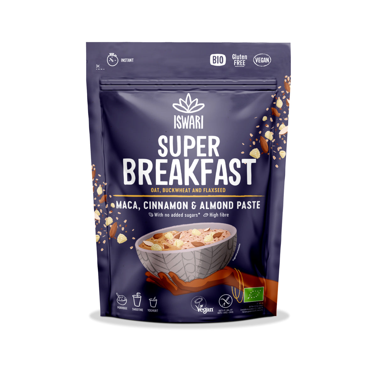 230165 Směs instantní Super Breakfast s maca, skořicí a mandlovou pastou 360 g BIO ISWARI -1