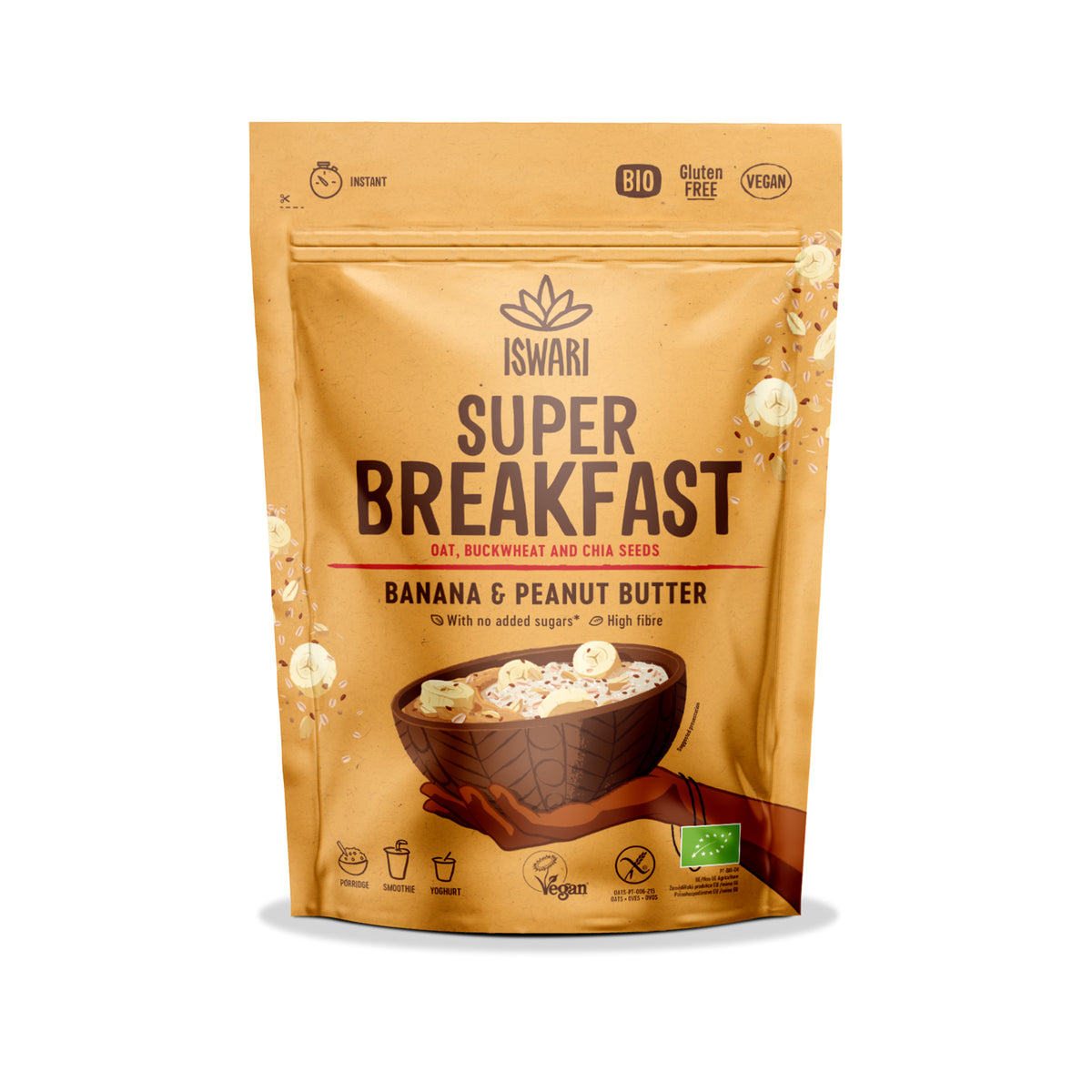 230166 Směs instantní Super Breakfast s banánem a arašídovým máslem 360 g BIO ISWARI -1