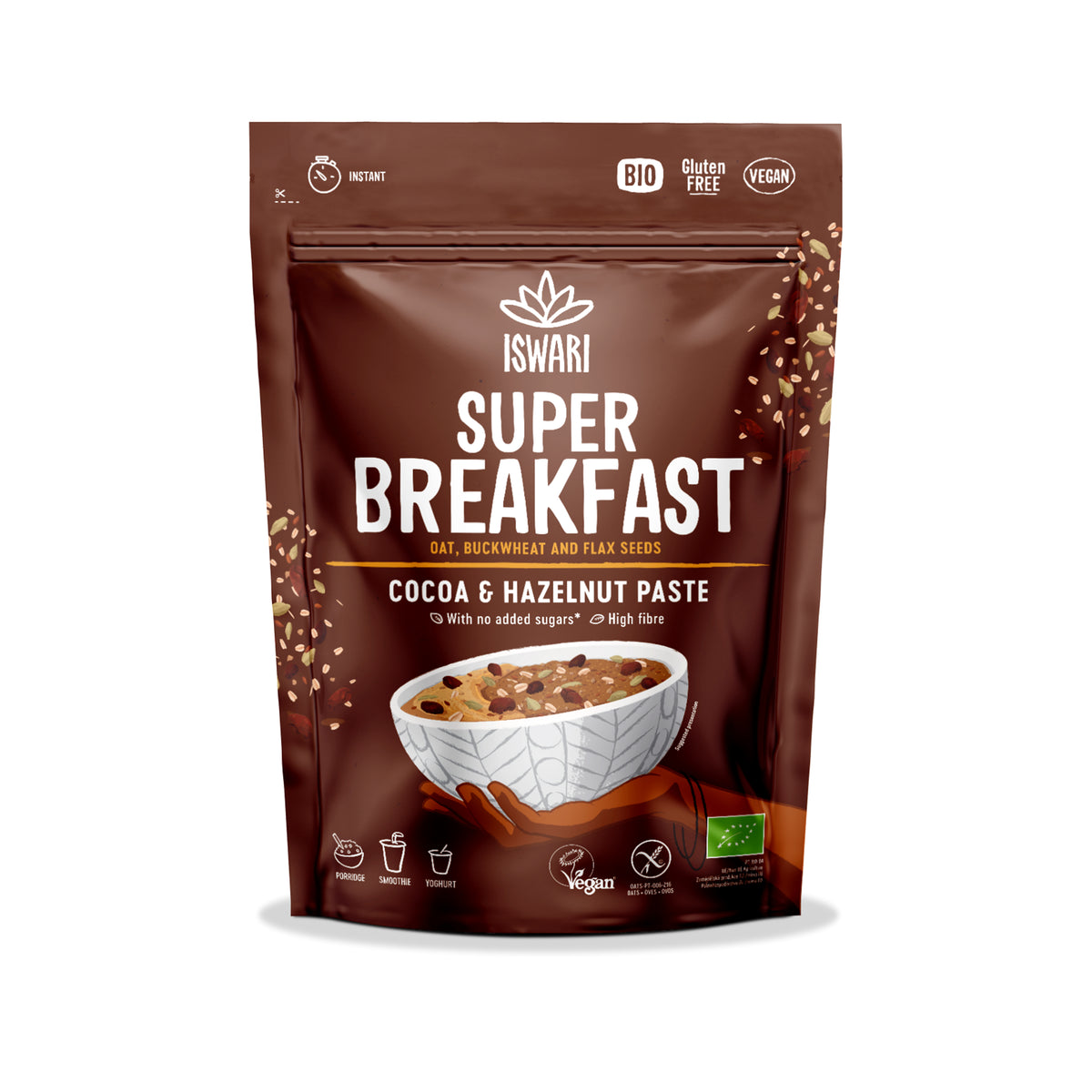 230168 Směs instantní Super Breakfast - kakao a lískooříšková pasta 360 g BIO ISWARI -1