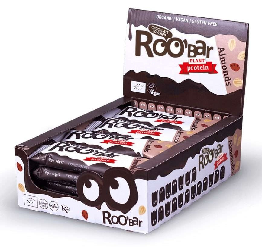 Roobar Mandľová proteínová tyčinka poliata čokoládou bio 40g
