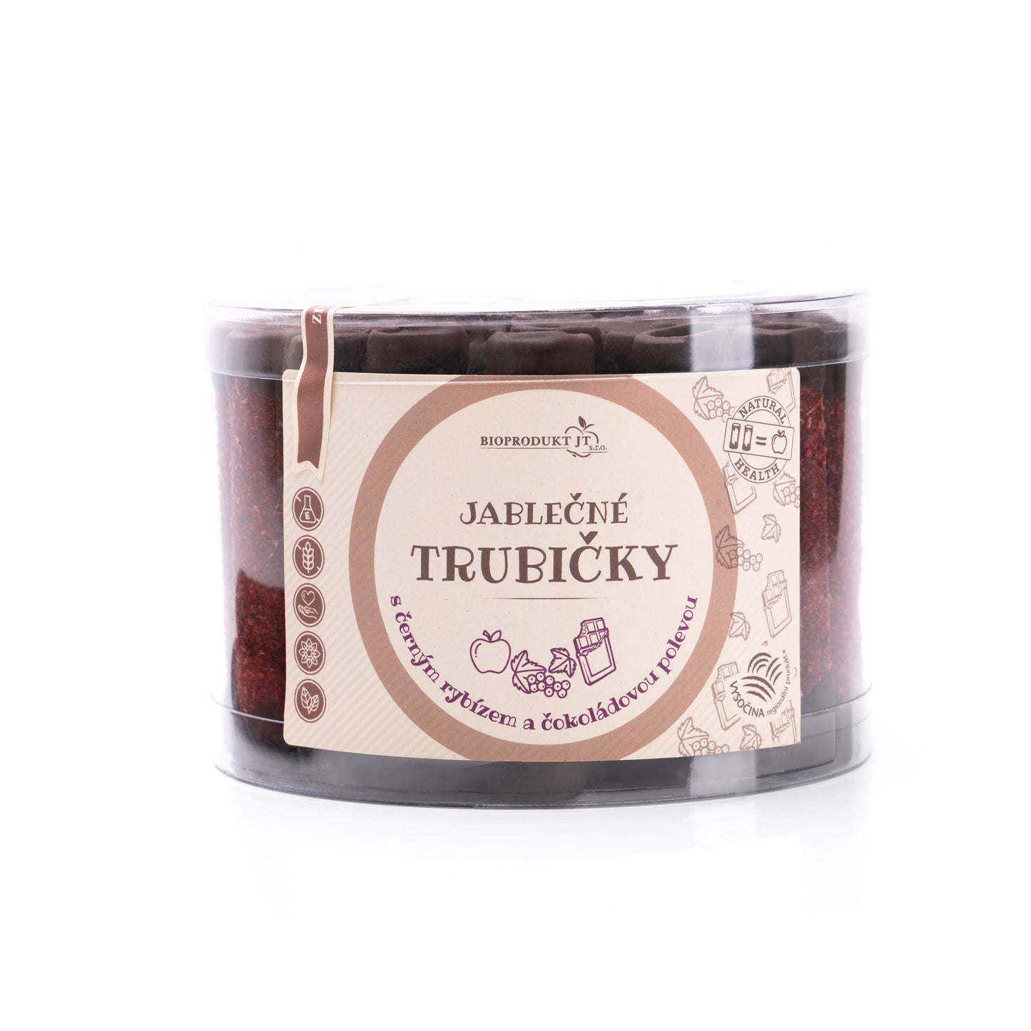 662192 Trubičky jablečné s černým rybízem a čokoládou dóza 540 g BIOPRODUKT JT-1