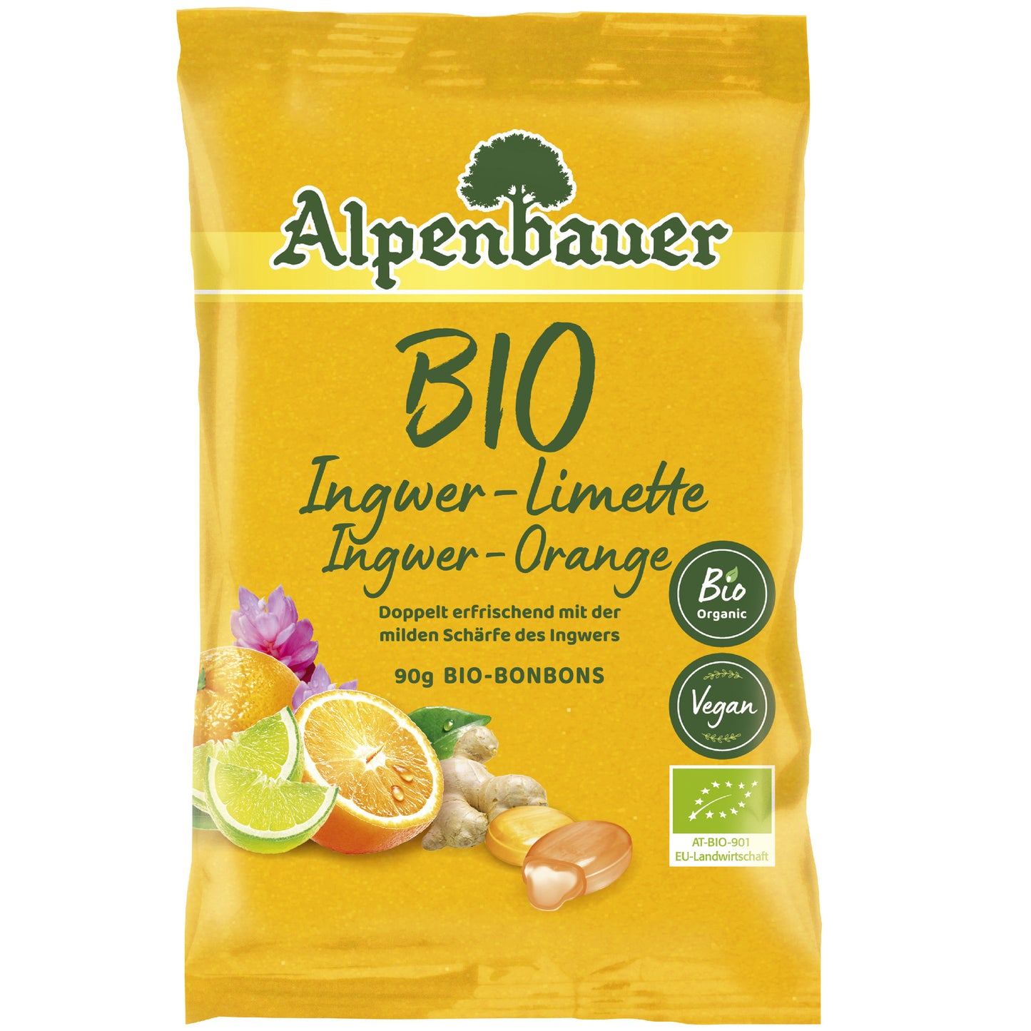 Alpenbauer Prírodné bylinkové cukríky zázvor, limetka a pomaranč 90g bio