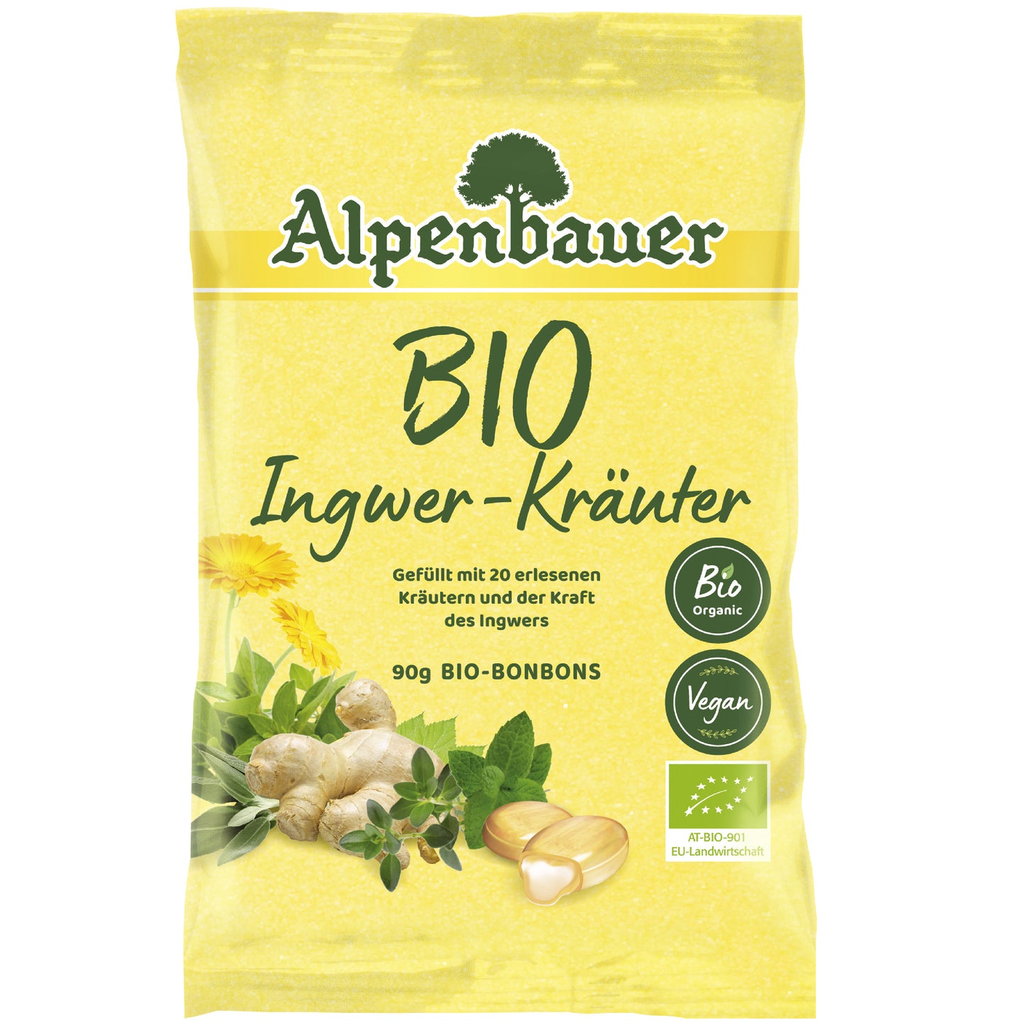 Alpenbauer Prírodné bylinkové cukríky zázvor a bylinky 90g bio