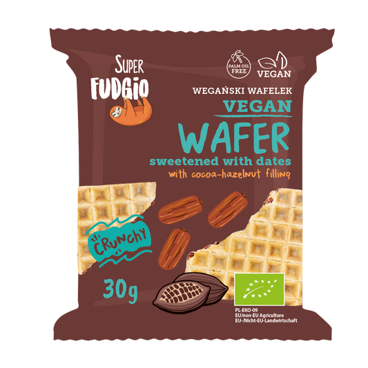 Super Fudgio Bio oblátky s kakaovo-orieškovou náplňou sladené datľami 30g