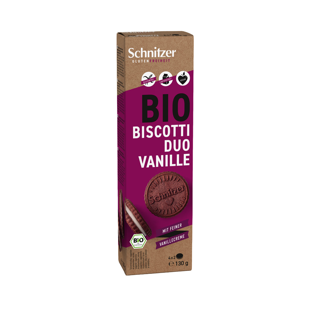 630421 Sušenky kakaové s vanilkovou náplní bezlepkové 130 g BIO   SCHNITZER-1