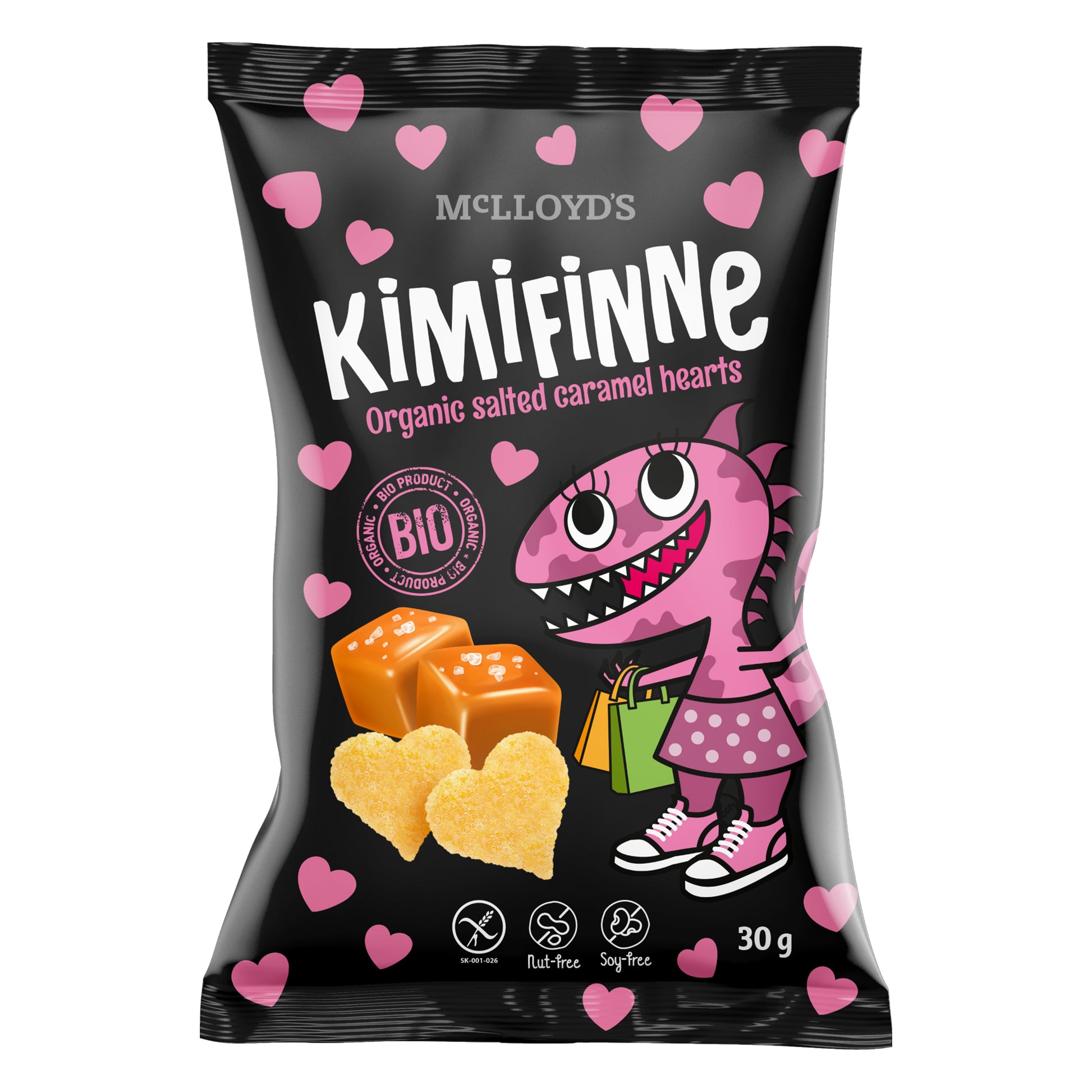 640076 Křupky Kimifinne srdíčka se slaným karamelem 30 g BIO   MCLLOYD´S-1