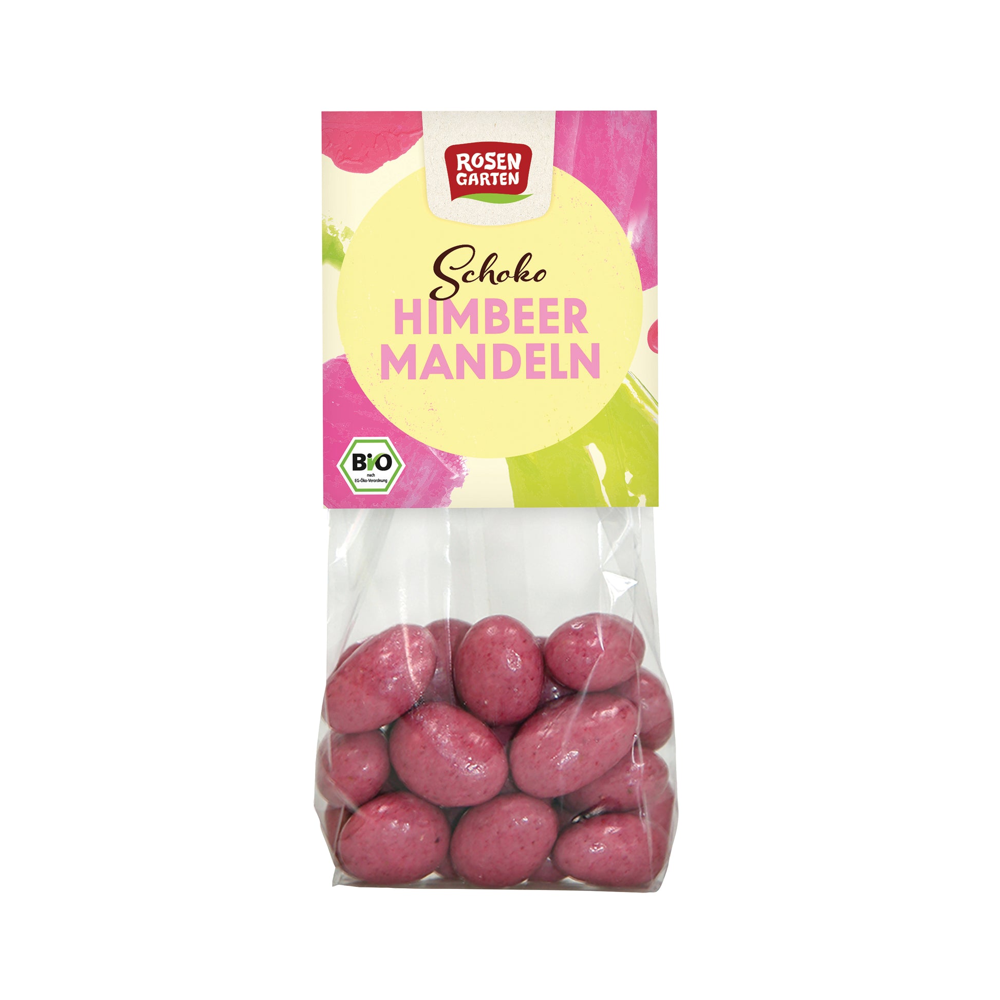 665318 Mandle v mléčné a bílé čokoládě s malinami 100 g BIO   ROSENGARTEN-1