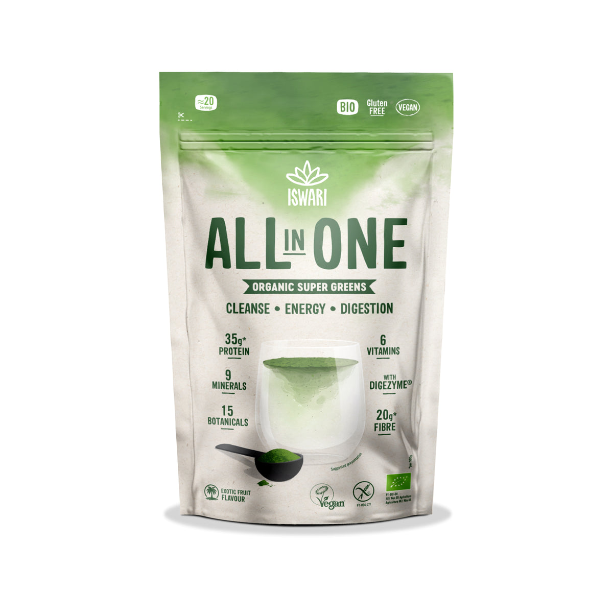 913126 Super greens s příchutí exotického ovoce 200 g BIO   ISWARI -1